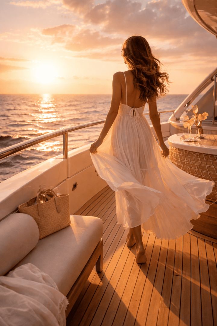 Golden sunset on a yacht deck luxurious life wallpaper
