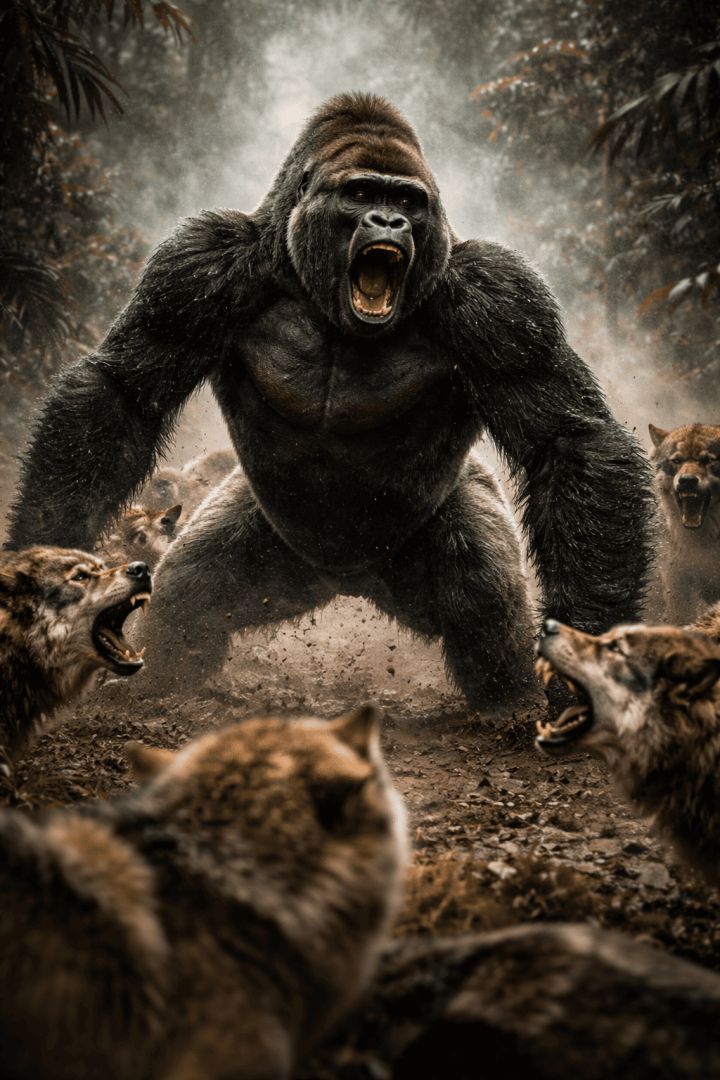 Gorilla faces off with wolves in mist wild wallpaper