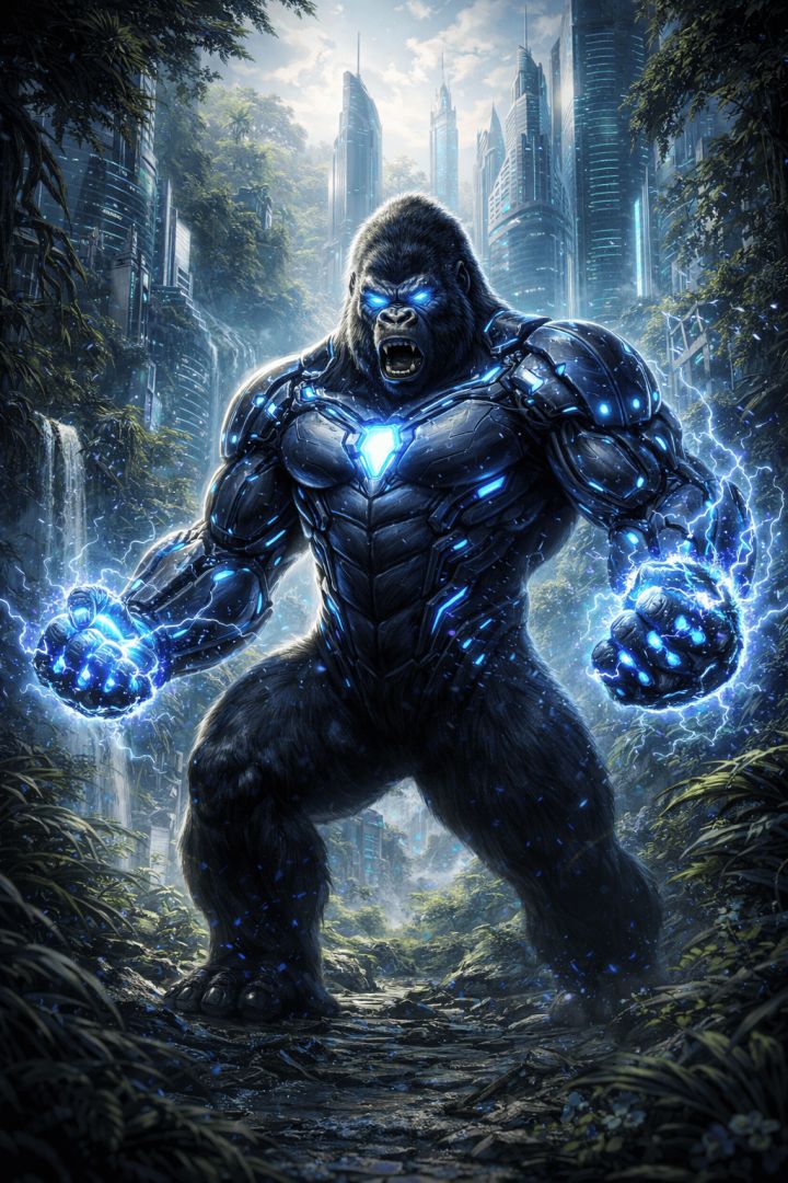 Gorilla superhero in futuristic jungle city warrior wallpaper