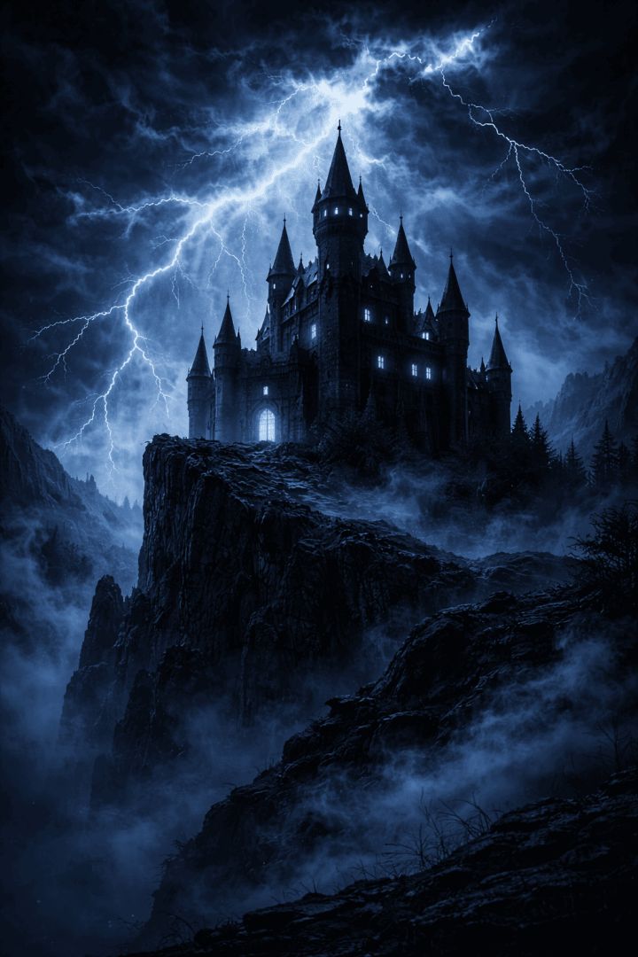 Gothic castle on a stormy cliff horror wallpaper