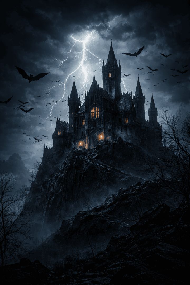 Gothic castle under stormy skies horror wallpaper