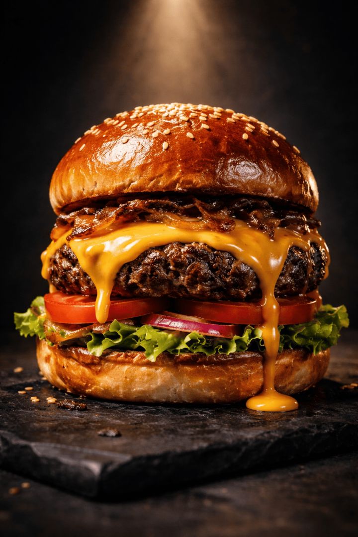 Gourmet burger on a slate surface food wallpaper