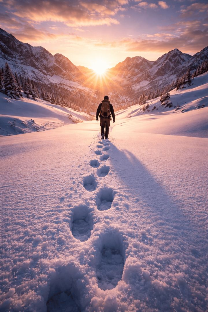 Hiker at sunrise in snowy landscape hiking wallpaper