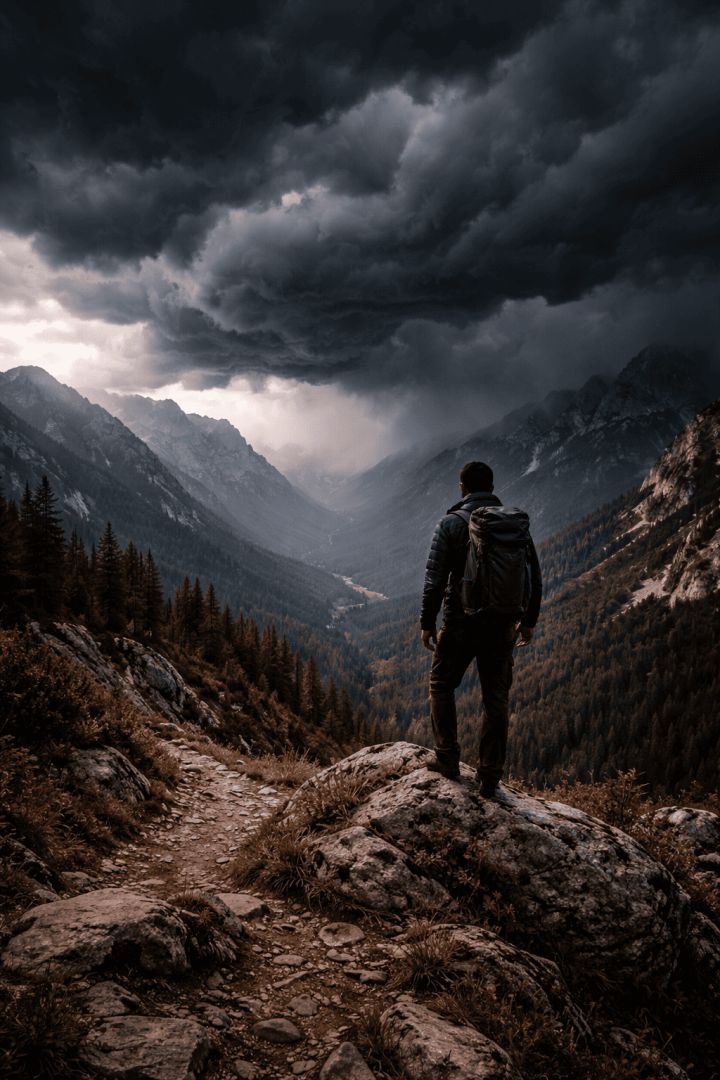 Hiker watching the storm approach hiking wallpaper