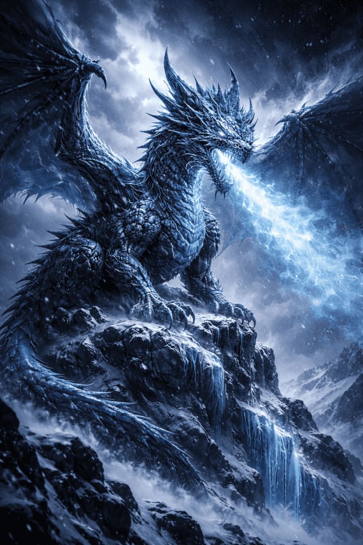 Icy dragon atop snowy peak mythic creature wallpaper