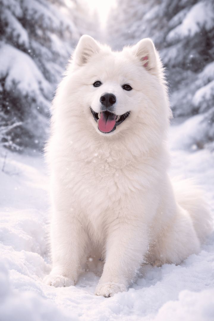 Joyful Samoyed in winter wonderland dog wallpaper
