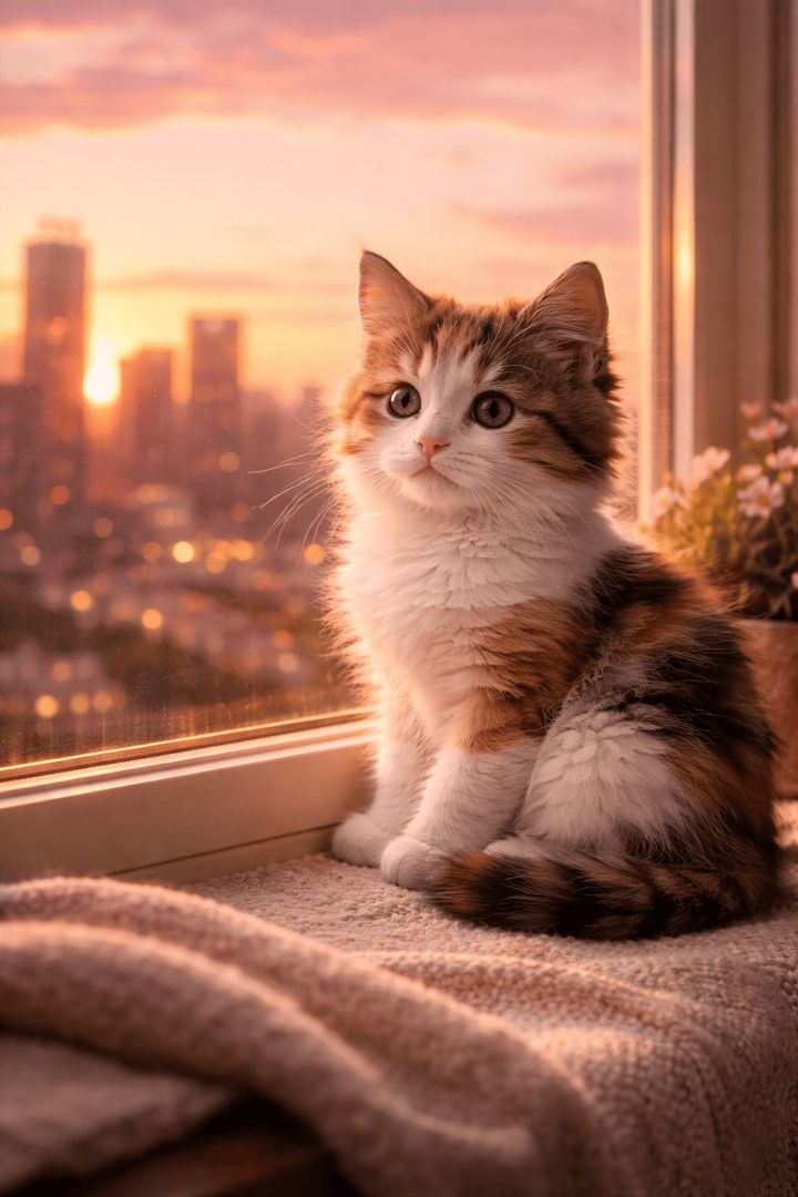 Kitten by the sunset window cat wallpaper