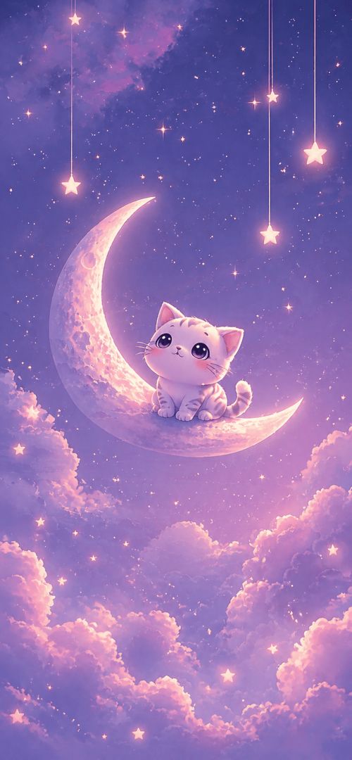 Kitten gazing at a dreamy night sky cute wallpaper