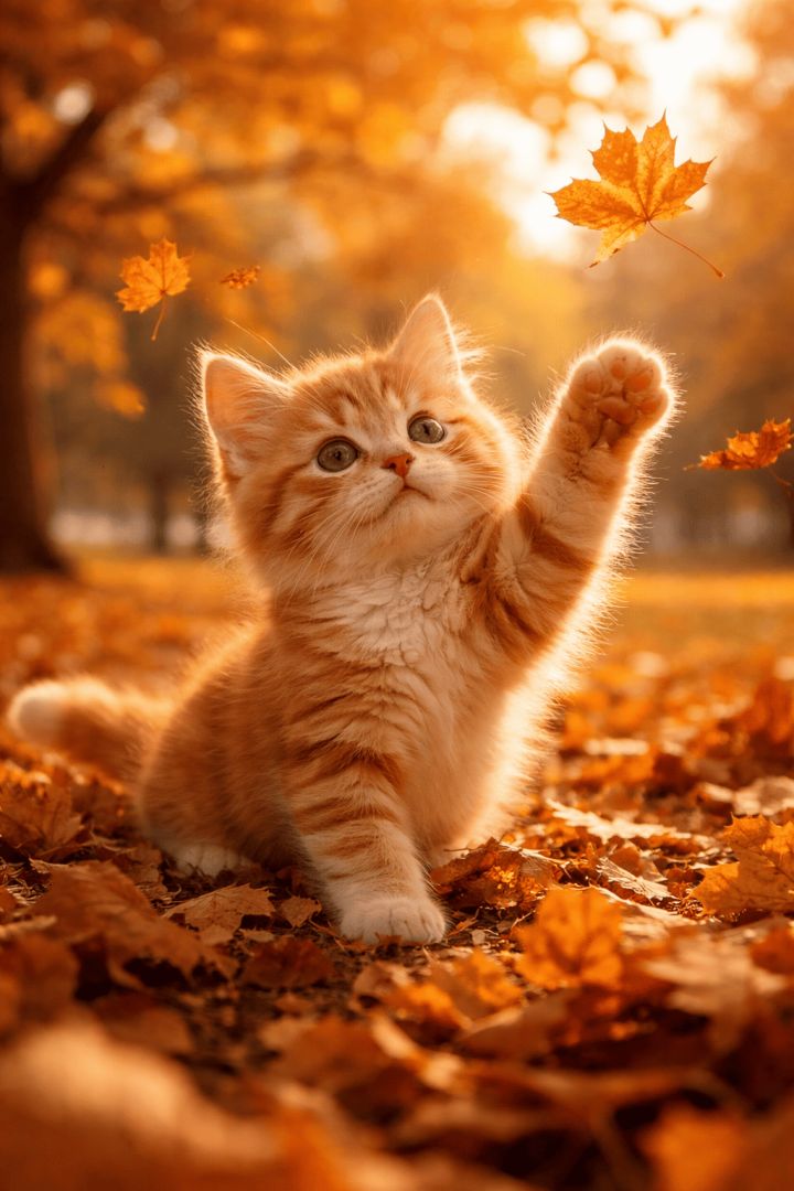 Kitten plays with autumn leaf cat wallpaper
