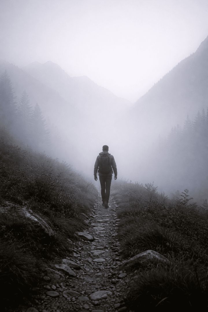 Lone hiker in a foggy valley hiking wallpaper