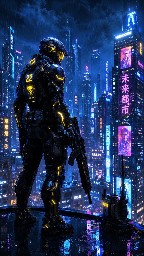 Lone trooper in cyberpunk cityscape game wallpaper
