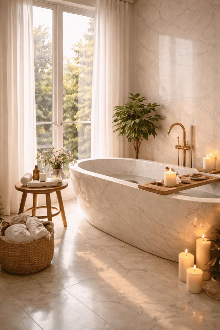 Luxurious marble bathtub in serene setting calm wallpaper
