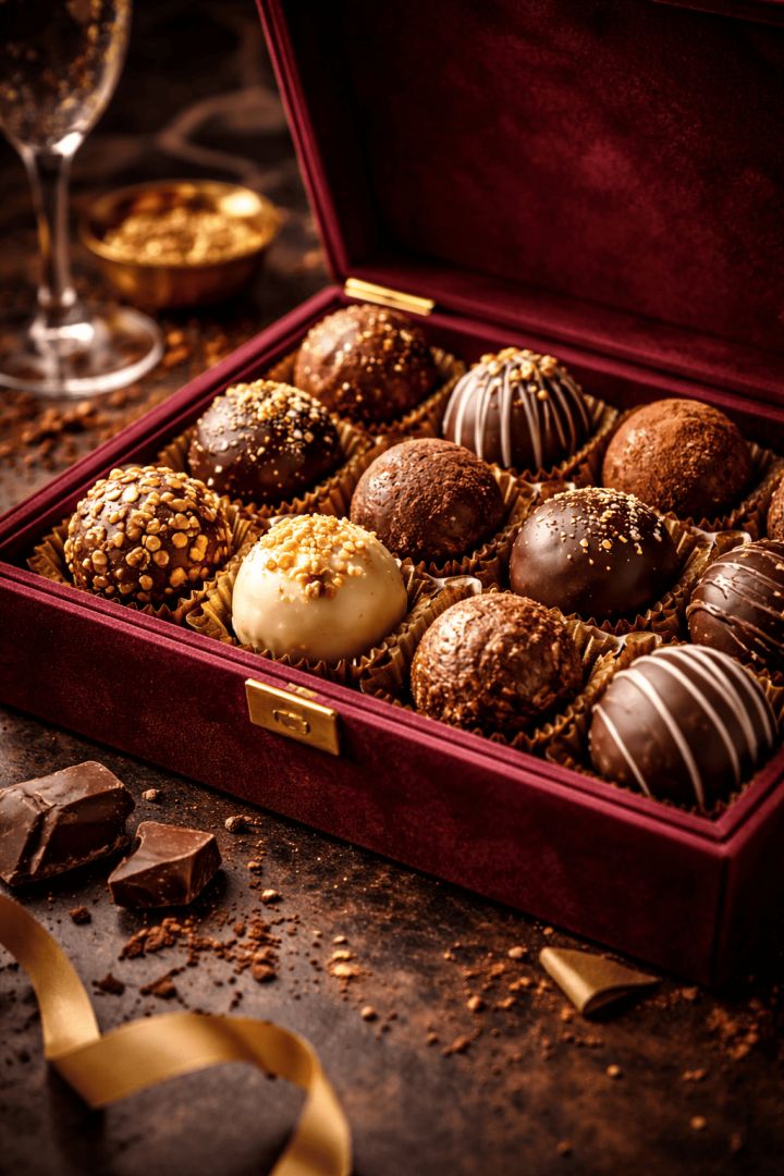 Luxurious truffles in velvet box food wallpaper