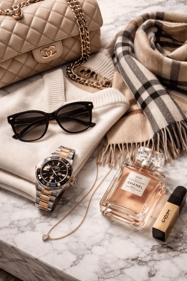 Luxury accessory collection on marble surface luxurious life wallpaper