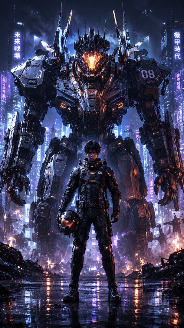 Mech guardian in a neon city game wallpaper