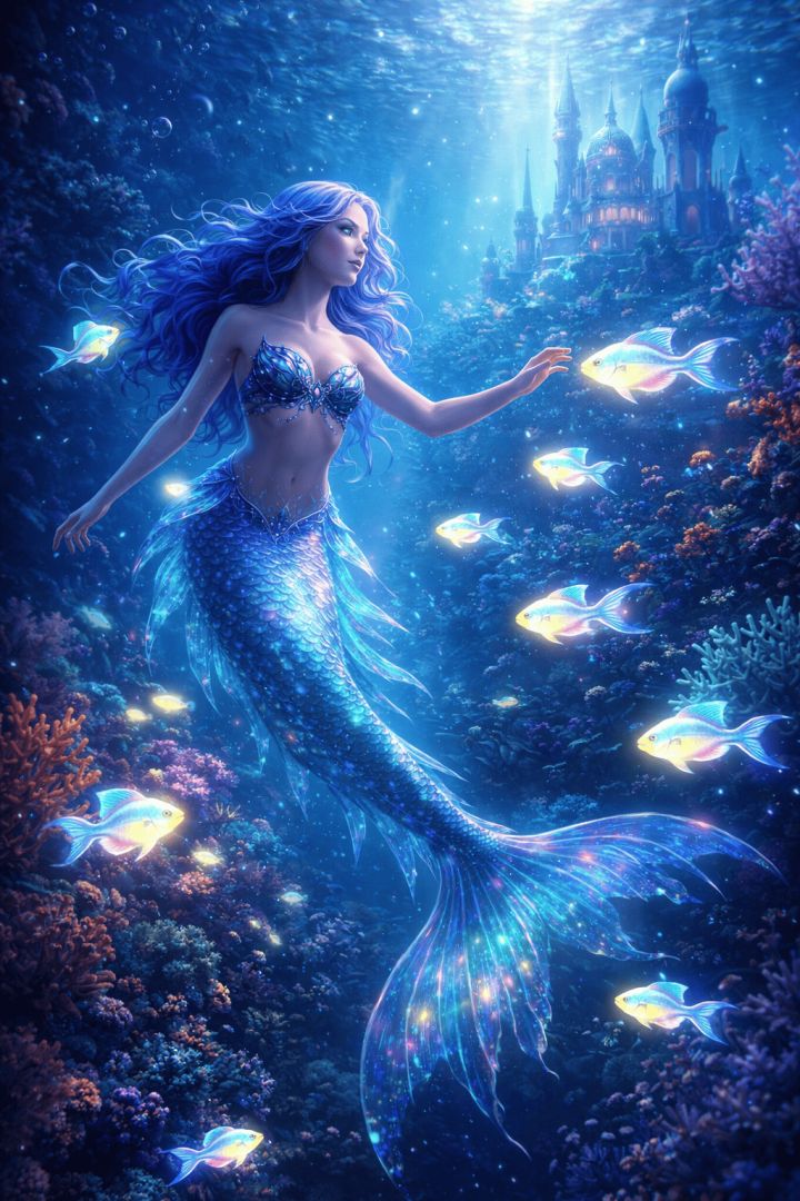 Mermaid in an ethereal underwater kingdom aquatic animals wallpaper