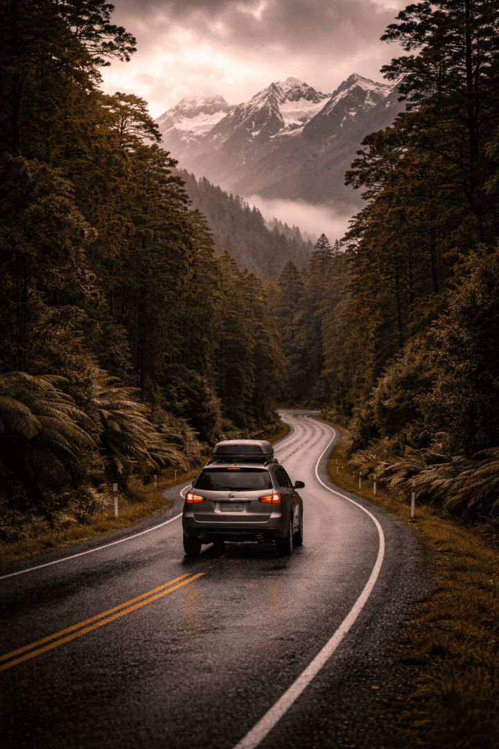 Mist-covered road and misty mountains adventure wallpaper