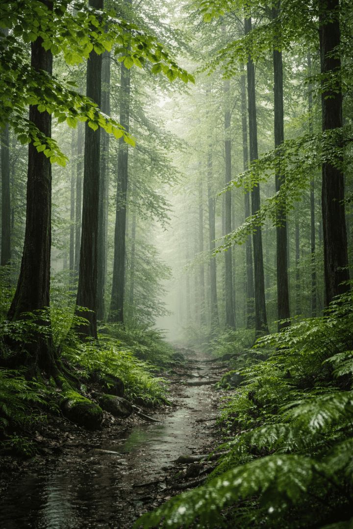 Misty forest path after rain rain wallpaper