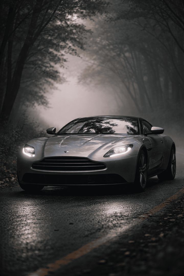 Misty morning drive with Aston Martin car wallpaper