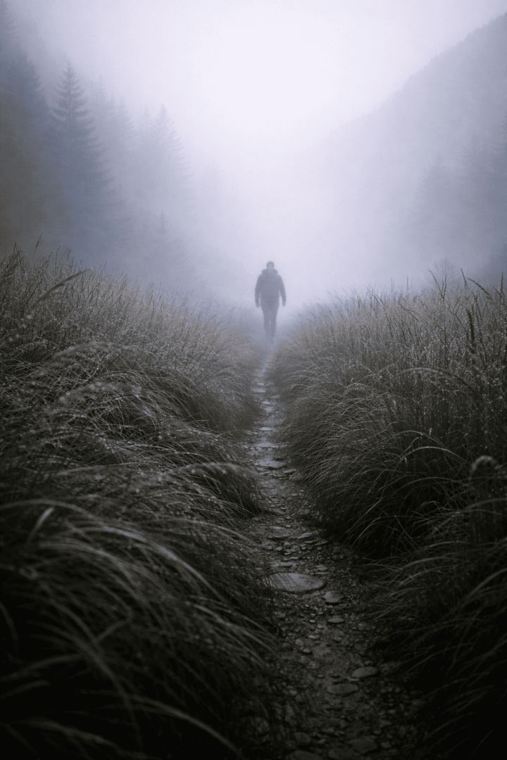 Misty morning hike through tall grasses hiking wallpaper
