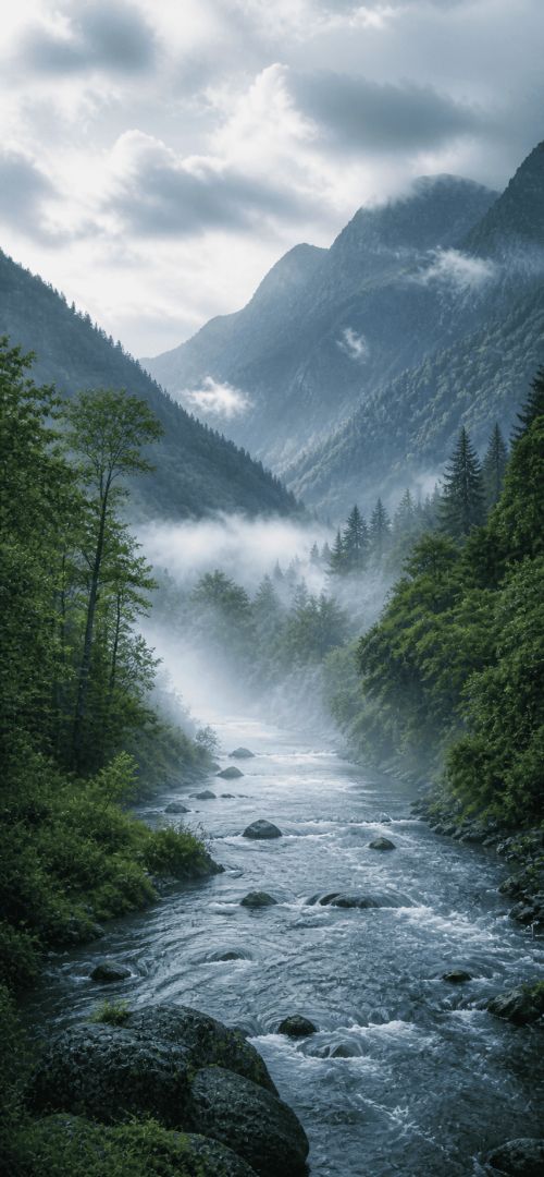 Misty mountain valley with winding river nature wallpaper