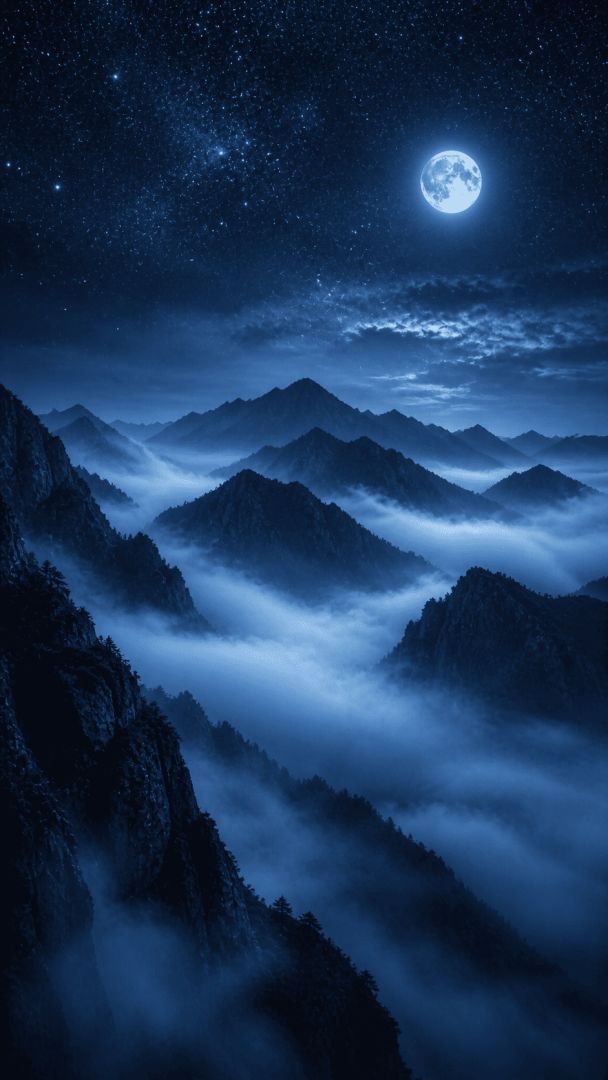 Moonlit mountain peaks and mist nature wallpaper