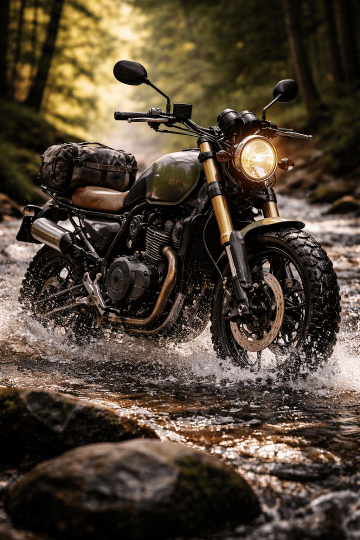 Motorcycle crossing rocky forest stream bike wallpaper