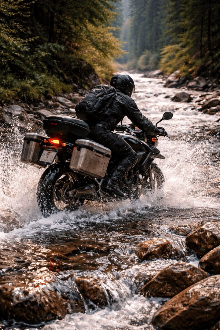 Motorcyclist navigating a river crossing bike wallpaper