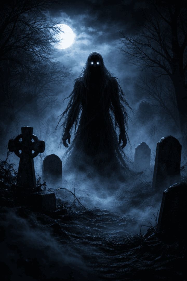 Mysterious figure in moonlit graveyard horror wallpaper