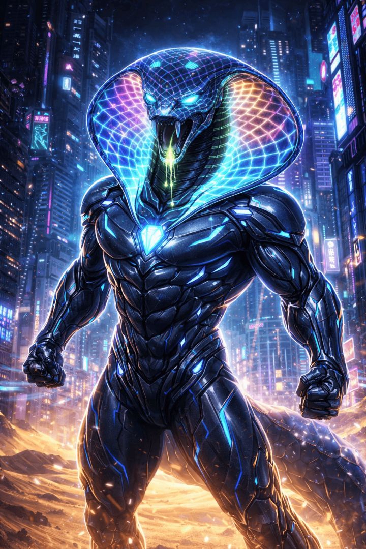 Neon cobra in a futuristic city warrior wallpaper
