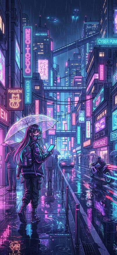 neon cyberpunk anime city street scene anime wallpaper