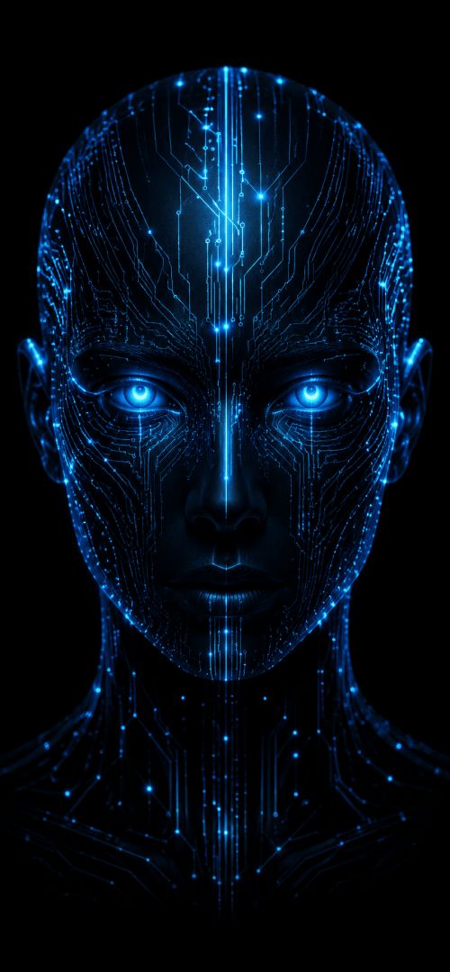 Neon cyborg portrait with glowing eyes wallpaper