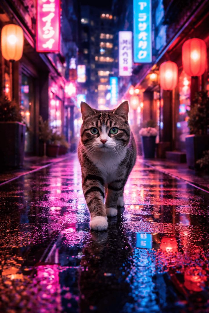 Neon-lit stroll with a tabby cat wallpaper