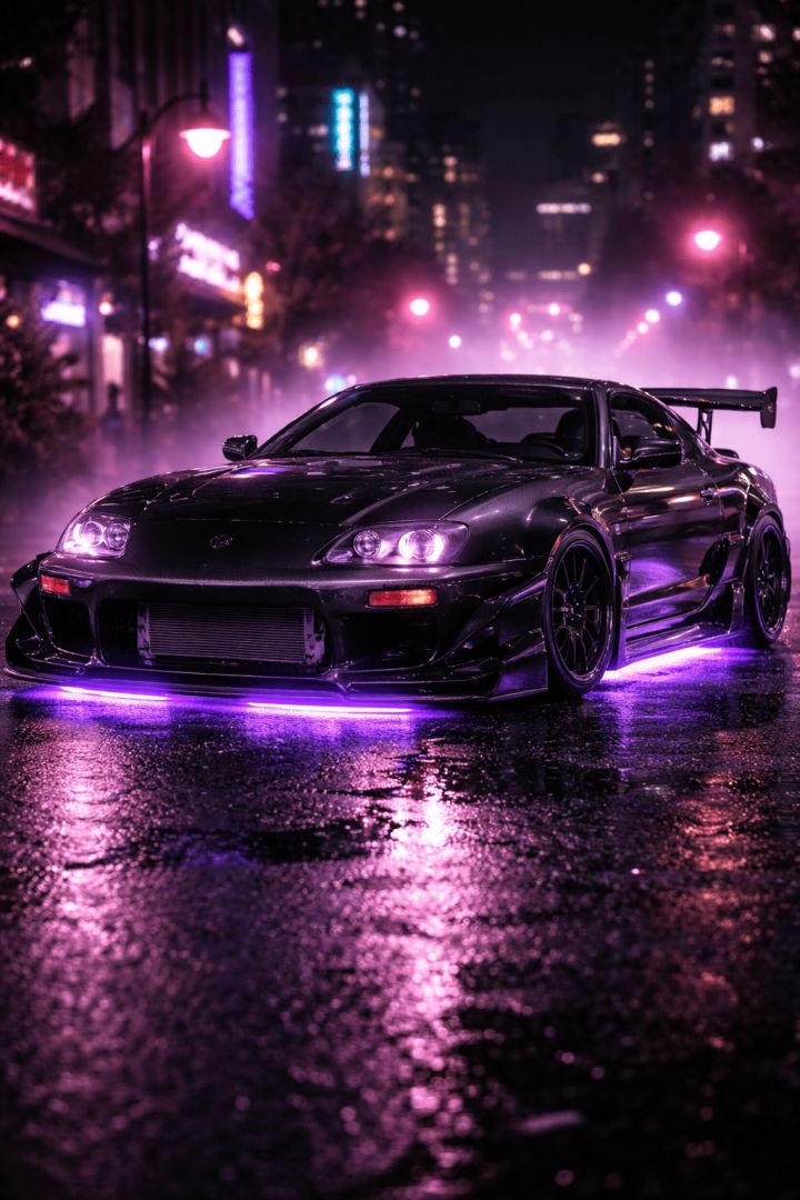 Neon-lit Toyota Supra at night car wallpaper