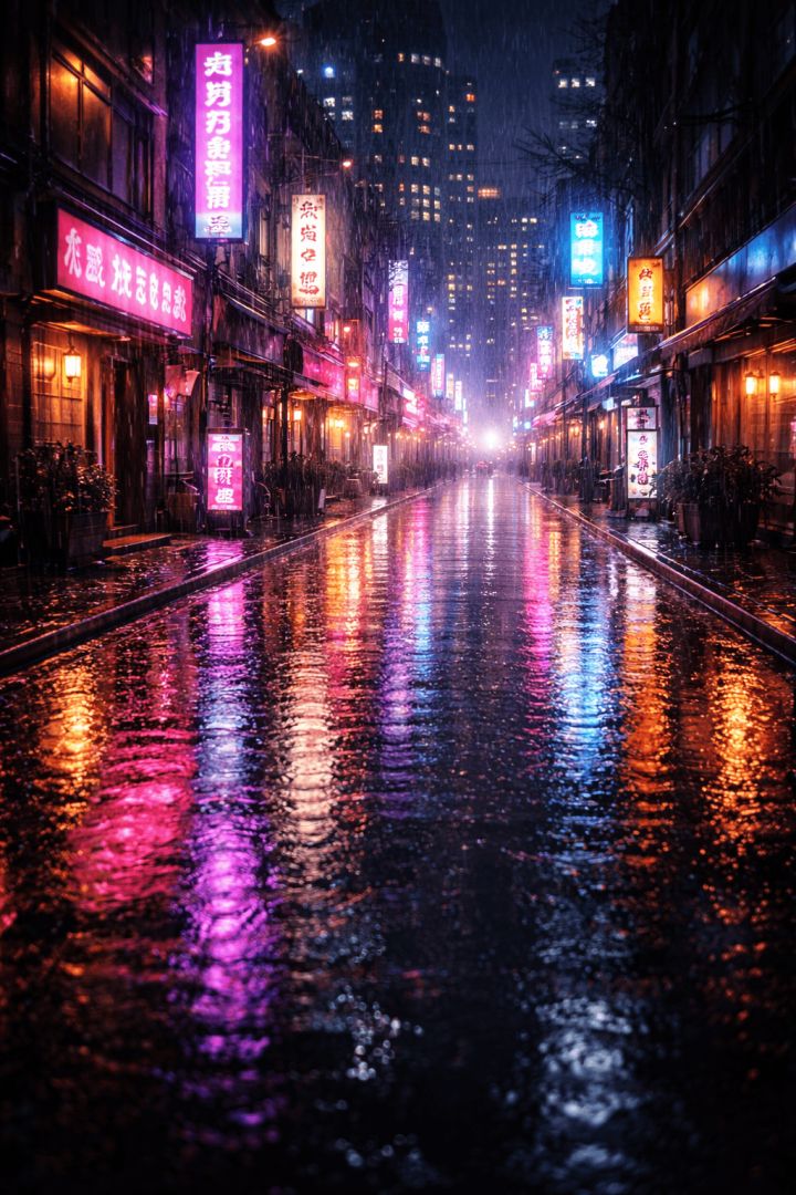 Neon reflections on a rainy street rain wallpaper