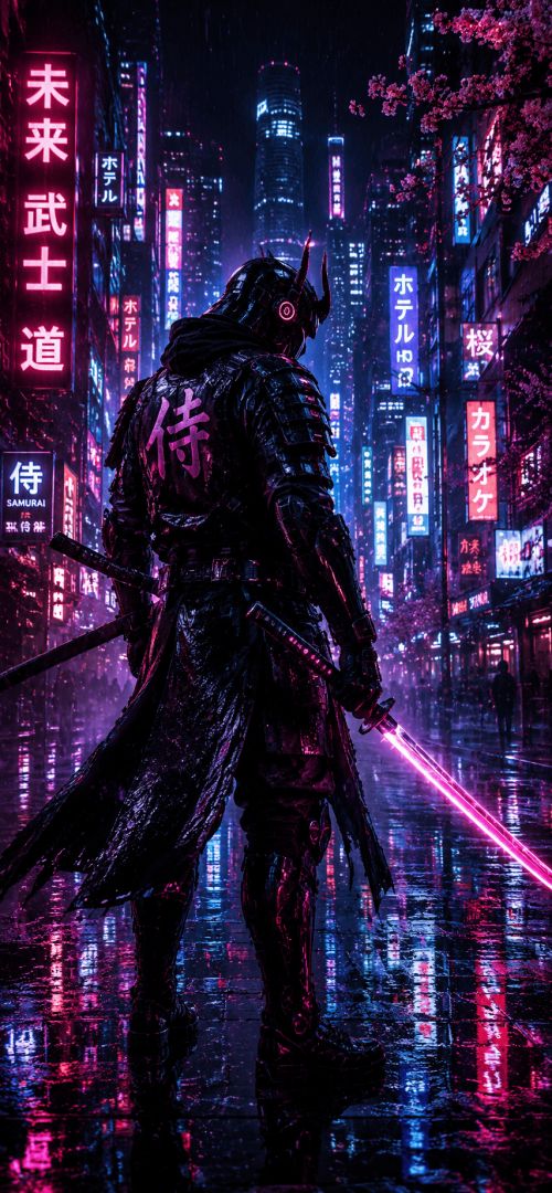 Neon samurai in a cyberpunk alley game wallpaper