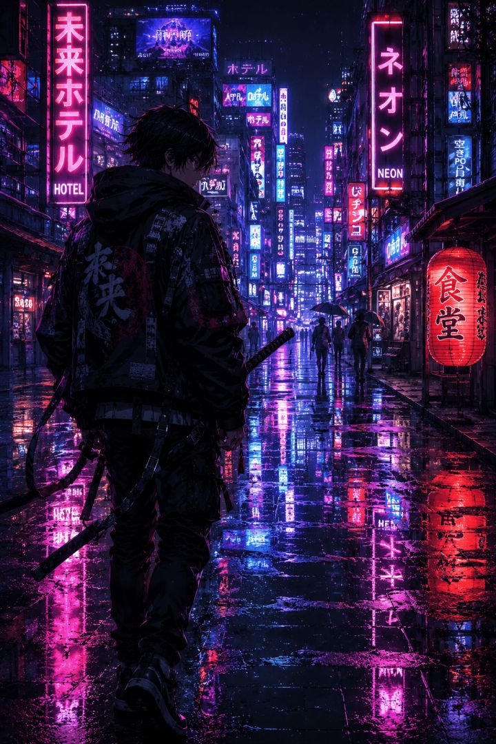 Neon streets of a cyberpunk city anime wallpaper
