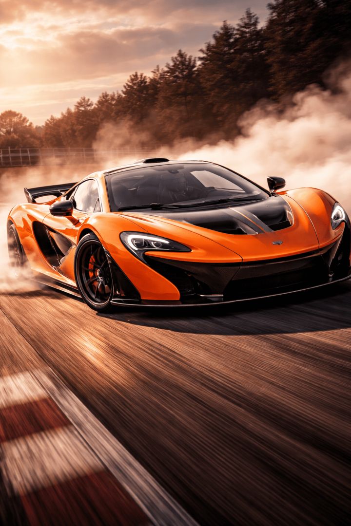 Orange McLaren P1 drifting at dusk car wallpaper