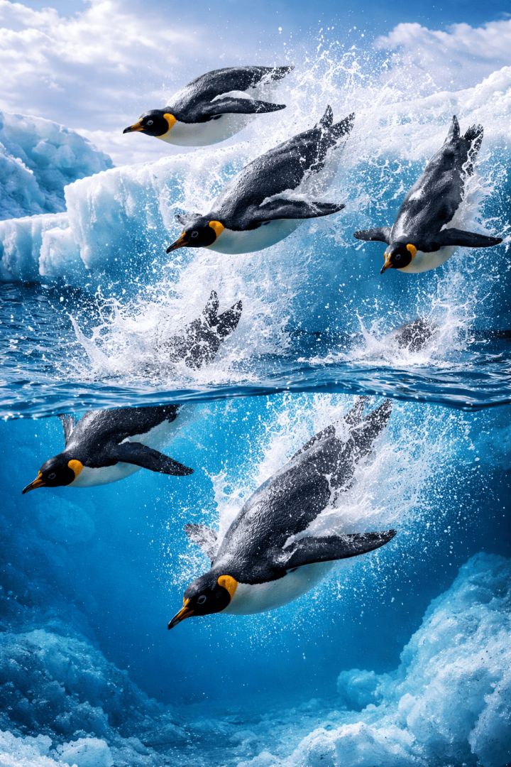 Penguins leaping into crystal-clear waters aquatic animals wallpaper