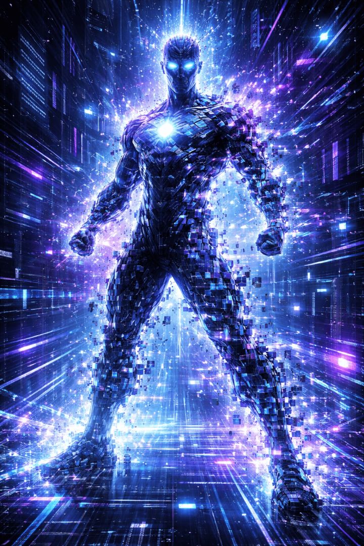 Pixelated hero in a digital world warrior wallpaper