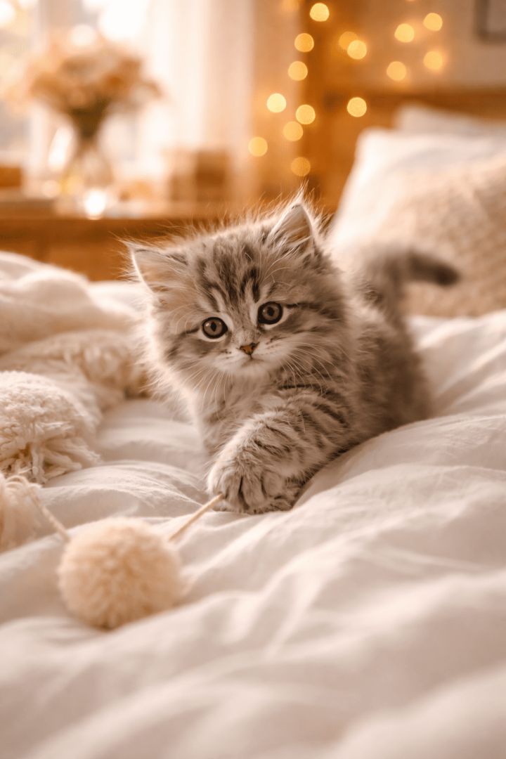 Playful kitten on cozy duvet cat wallpaper
