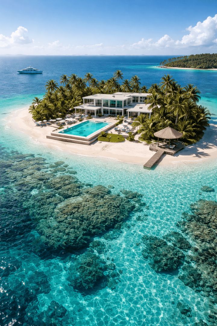 Private island retreat with luxury villa luxurious life wallpaper