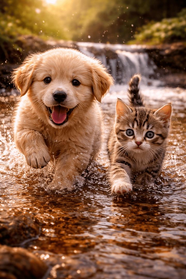 Puppy and kitten play in the stream cute wallpaper