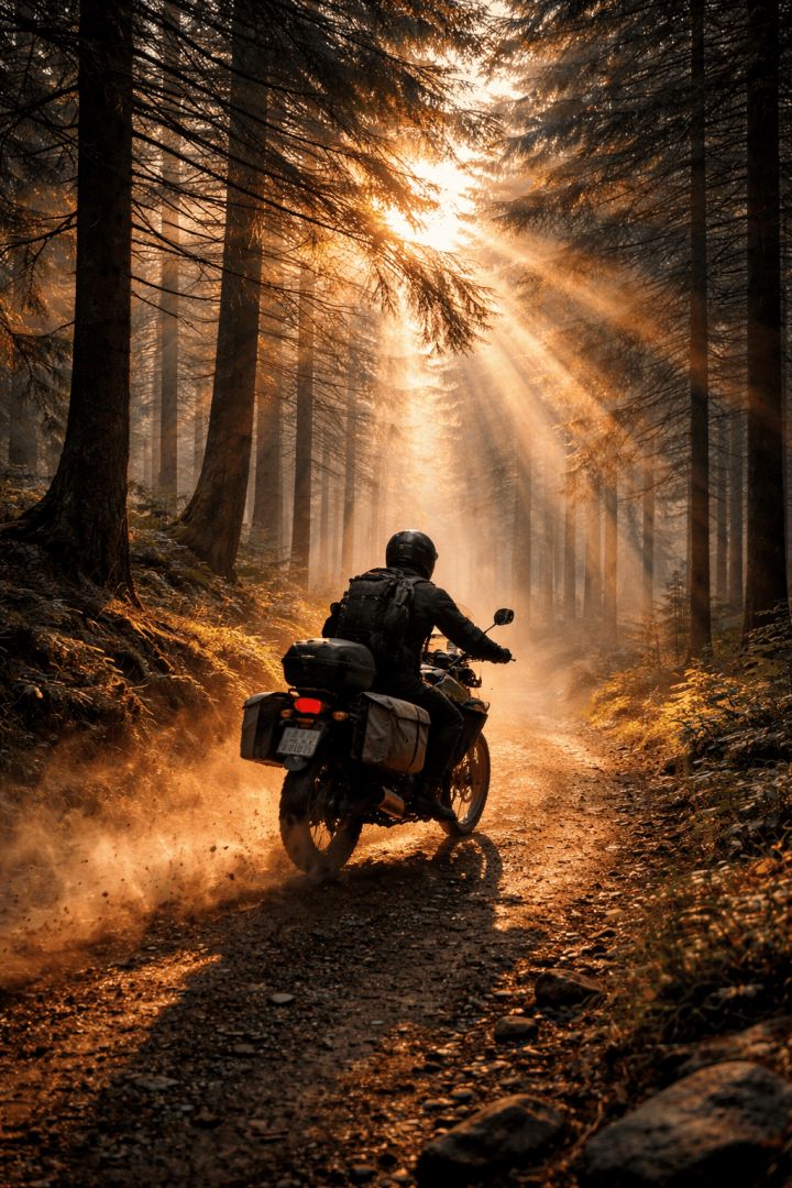 Rider through the misty forest bike wallpaper