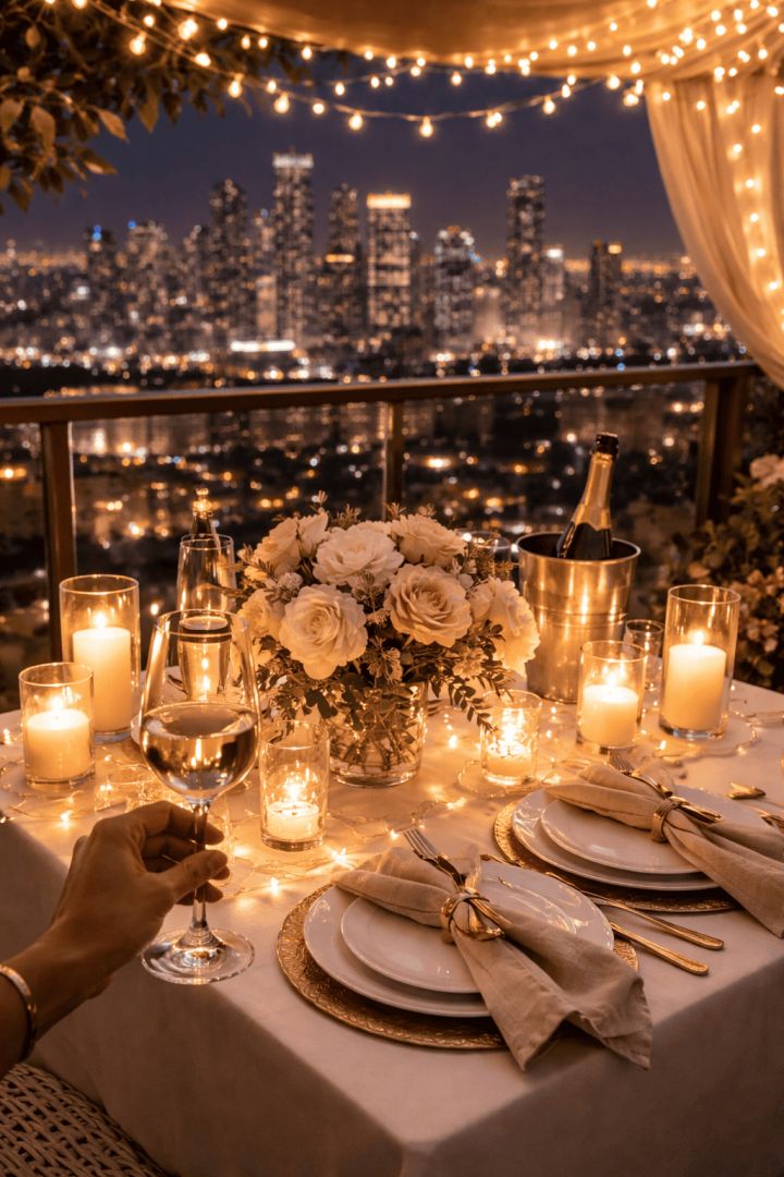 Romantic rooftop dinner with city view luxurious life wallpaper
