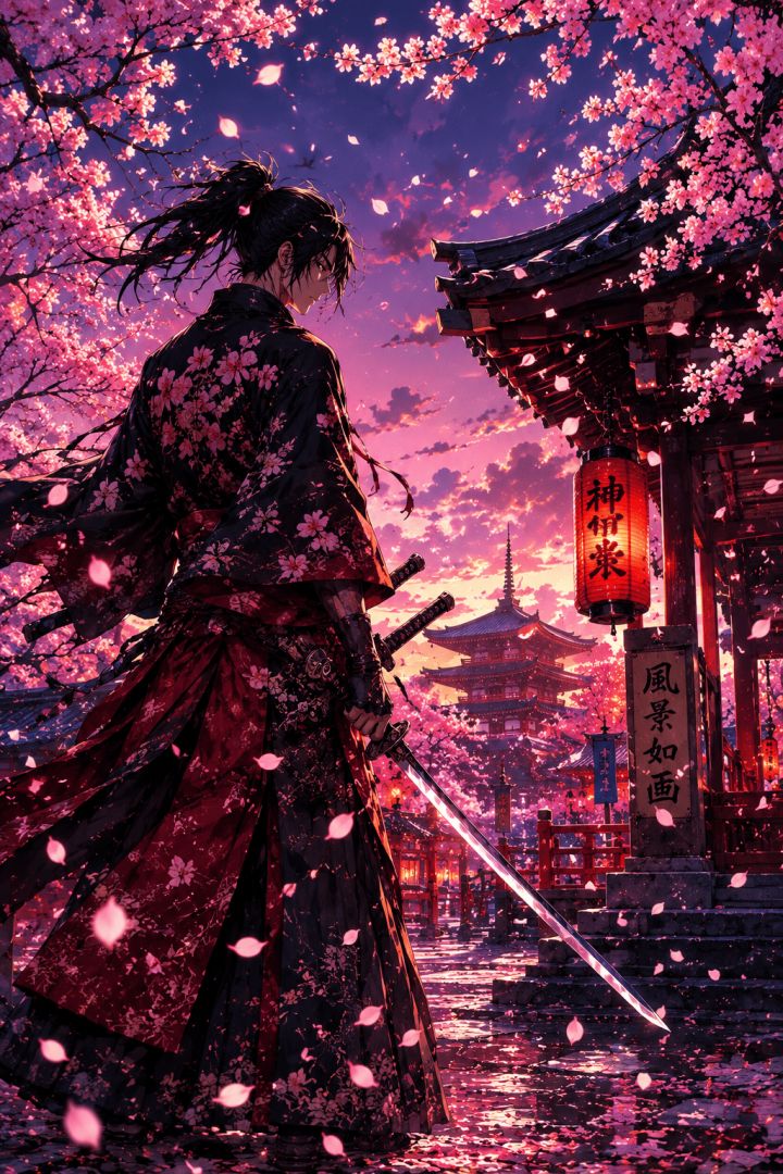 Samurai under cherry blossoms at sunset anime wallpaper