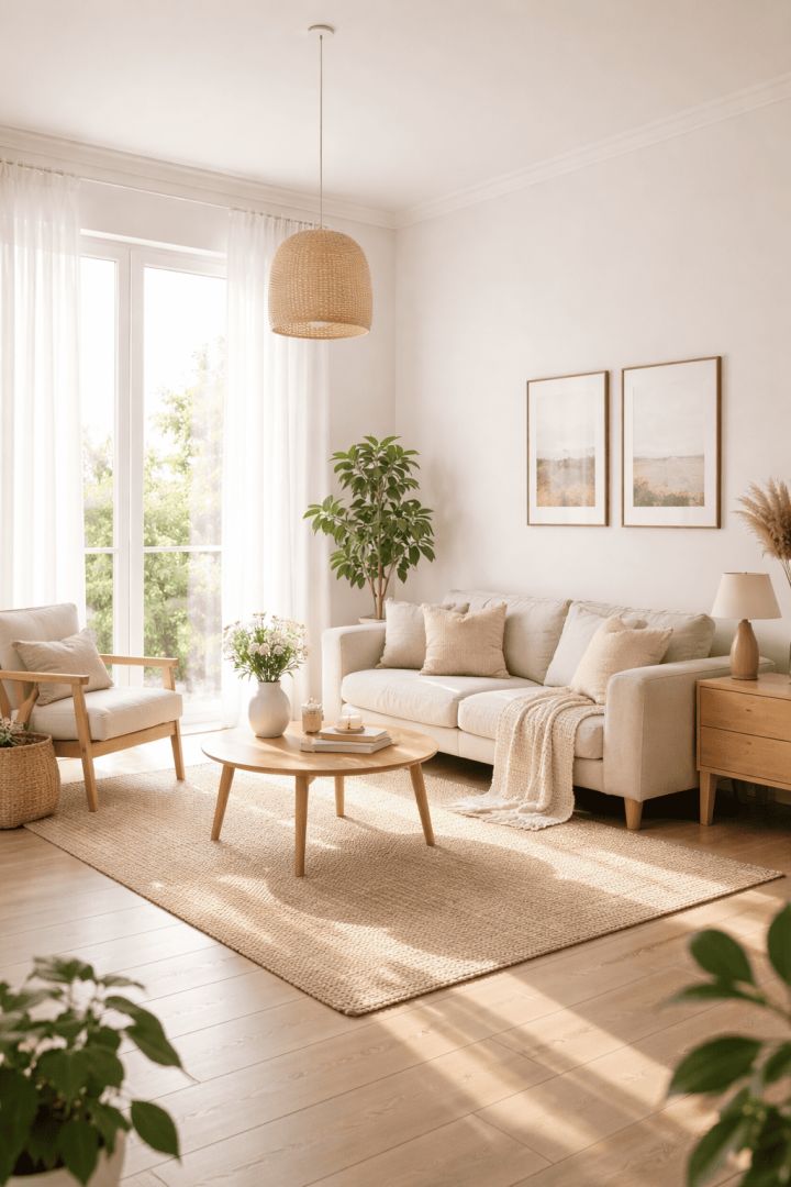 Scandinavian minimalist living room decor calm wallpaper
