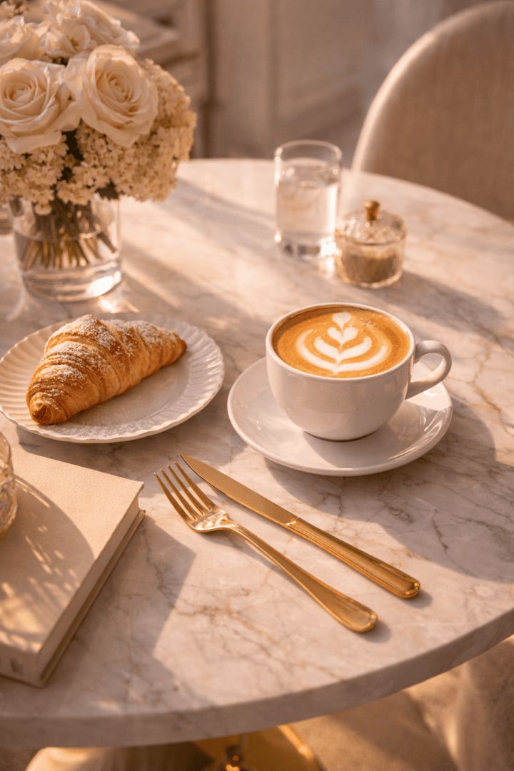 Serene breakfast with latte and croissant luxurious life wallpaper