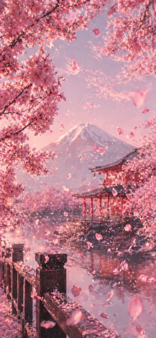 Serene cherry blossom morning by the lake cute wallpaper