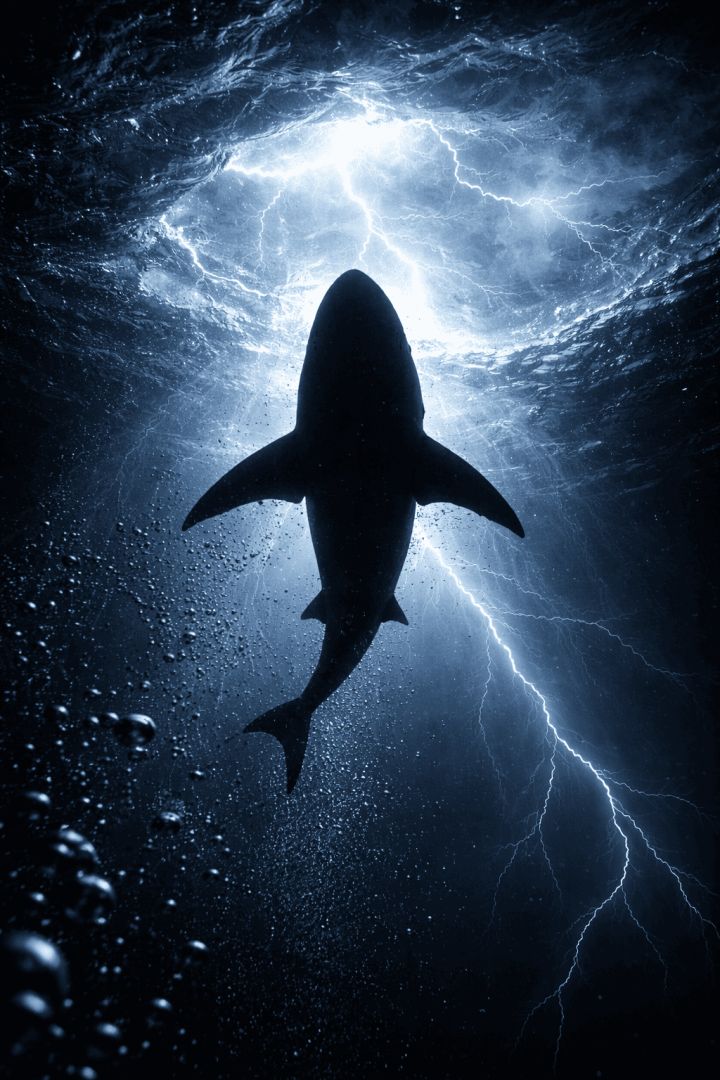 Shark beneath stormy seas with lightning aquatic animals wallpaper